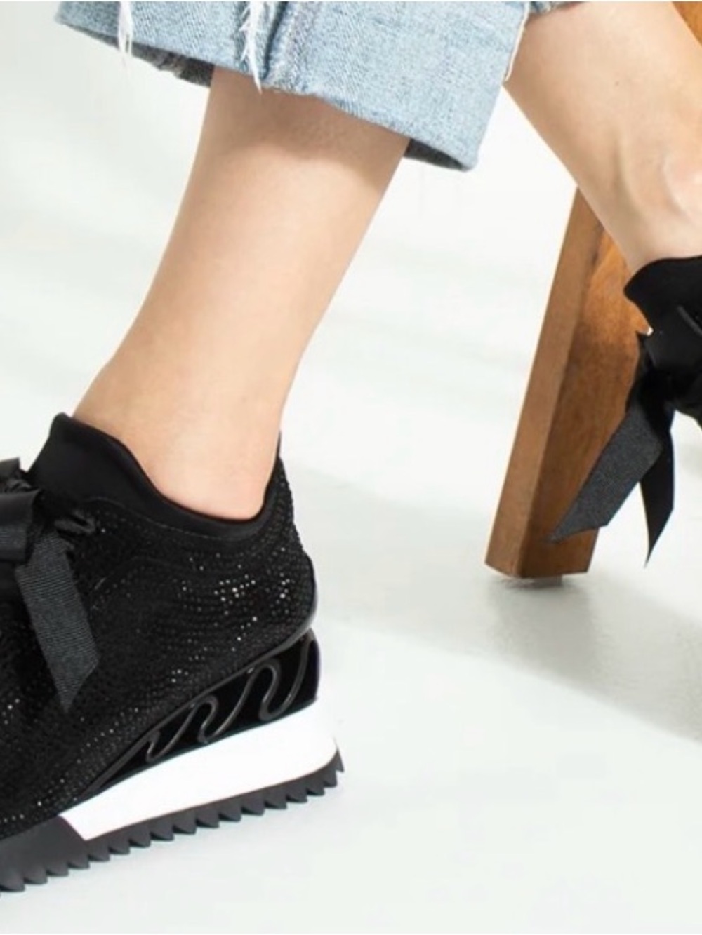 Seniorah Black Sparkle Platform Sneaker with Ribbon Laces